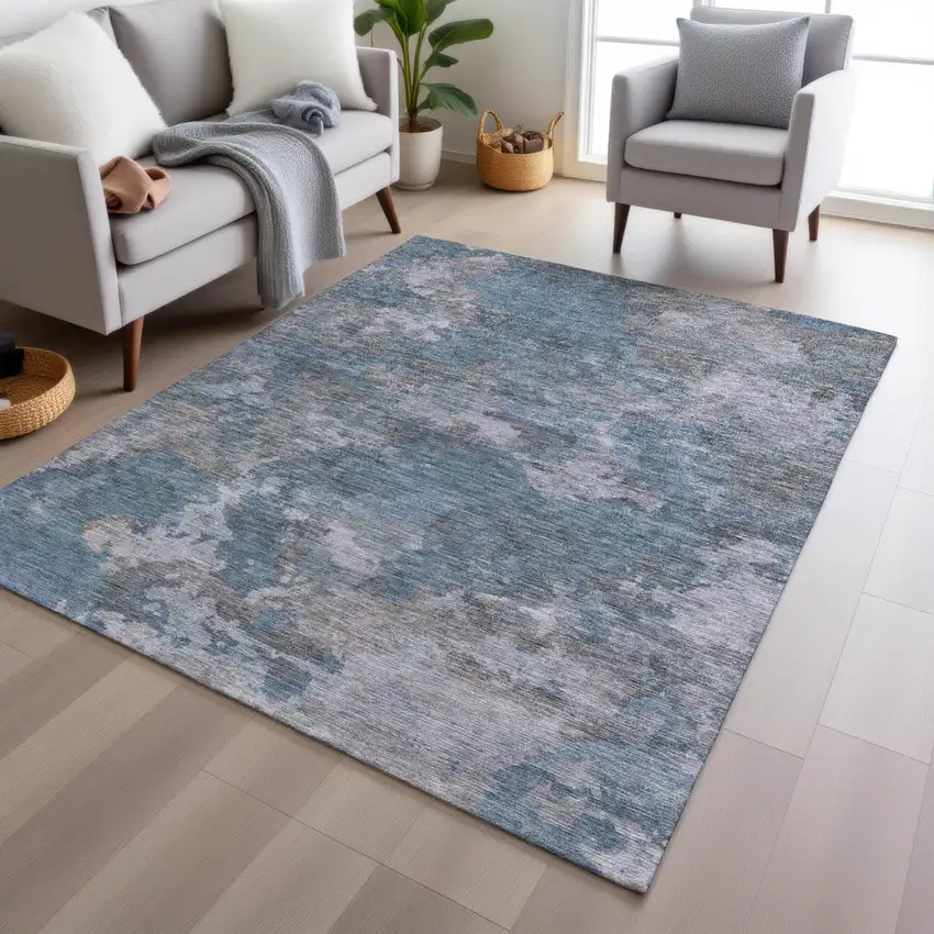Denim Blue And Gray Abstract Washable Indoor Outdoor Area Rug Photo 5