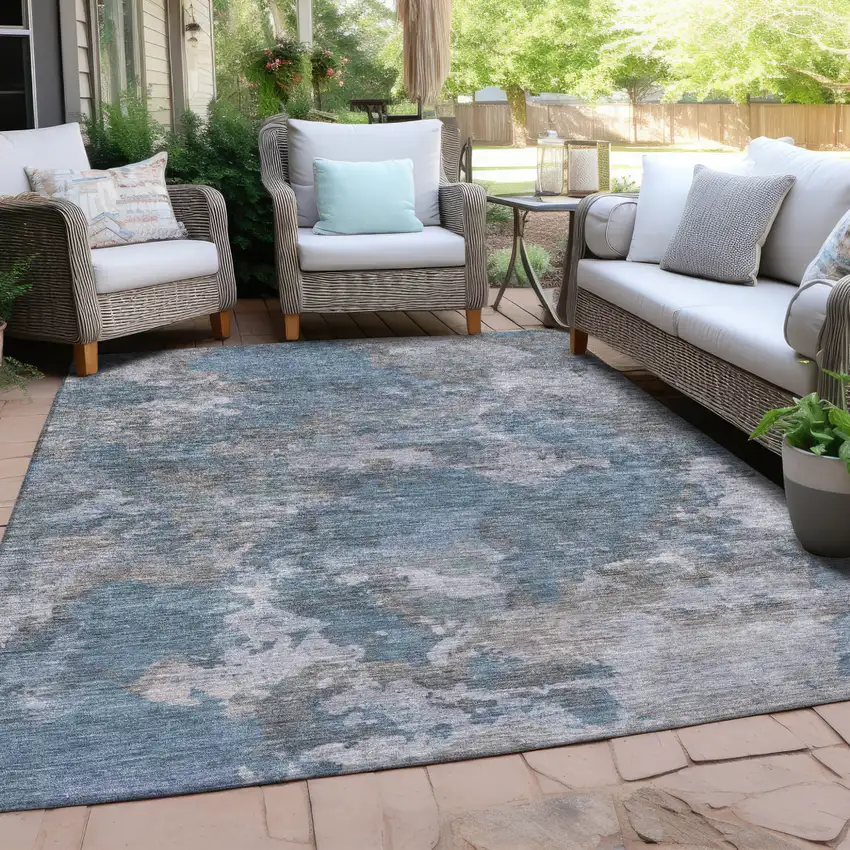 Denim Blue And Gray Abstract Washable Indoor Outdoor Area Rug Photo 4