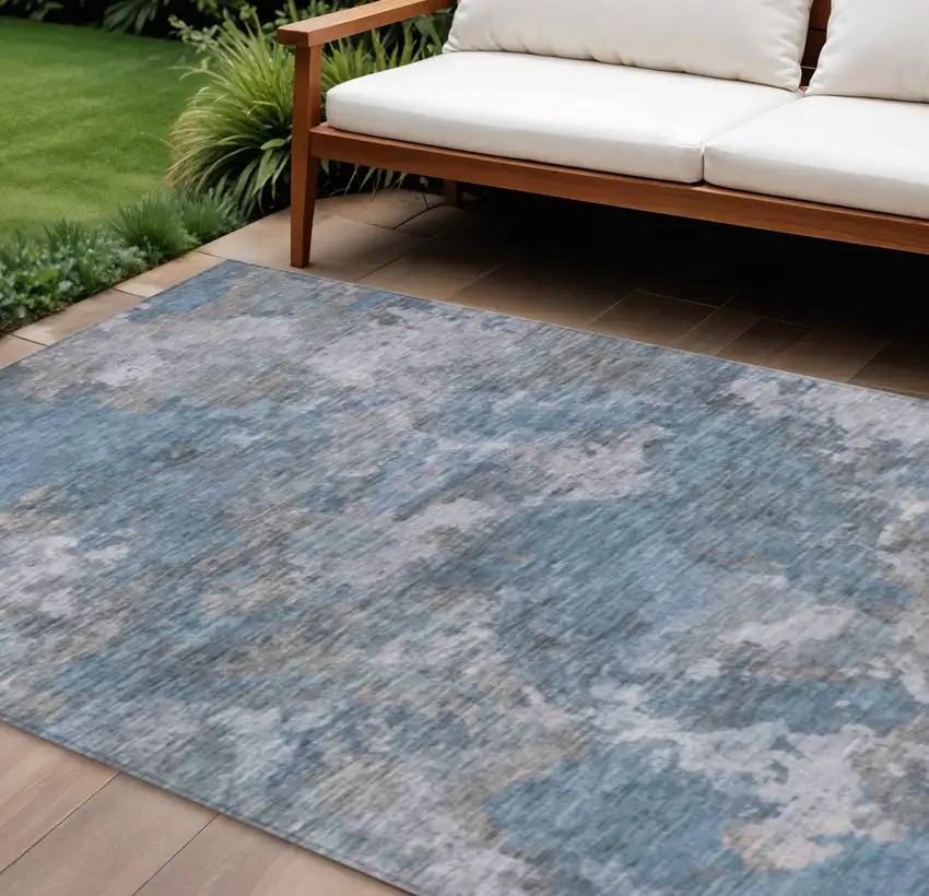 Denim Blue And Gray Abstract Washable Indoor Outdoor Area Rug Photo 2