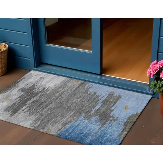 Denim Blue And Gray Abstract Washable Indoor Outdoor Area Rug Photo 2