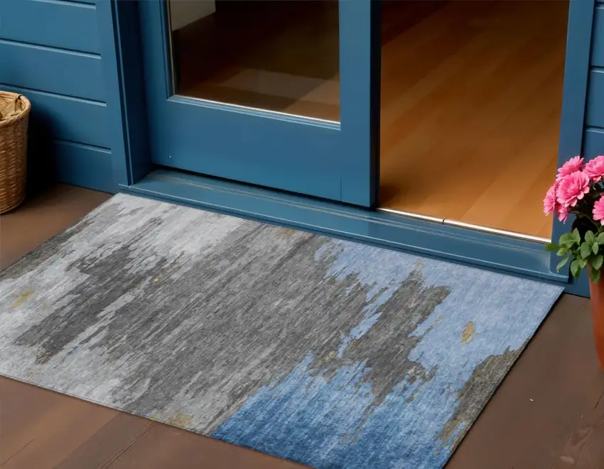 Denim Blue And Gray Abstract Washable Indoor Outdoor Area Rug Photo 2