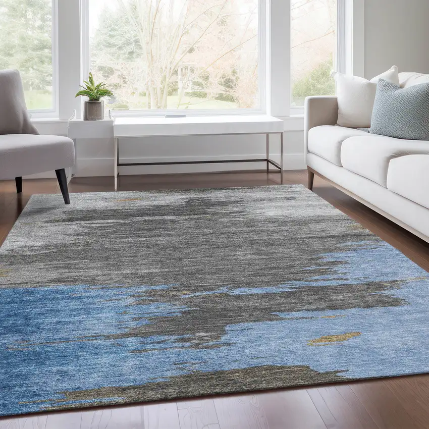 Denim Blue And Gray Abstract Washable Indoor Outdoor Area Rug Photo 8