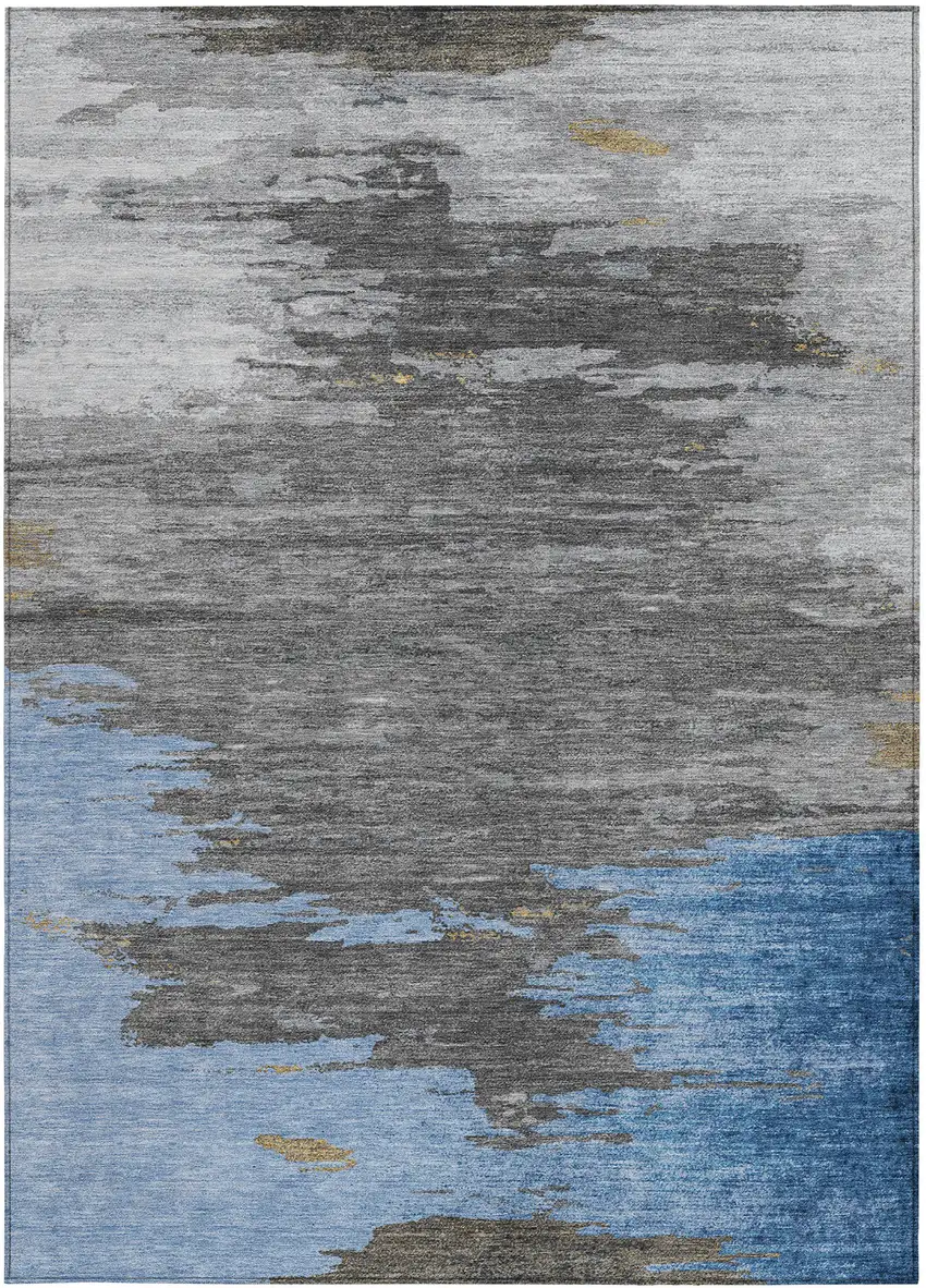 Denim Blue And Gray Abstract Washable Indoor Outdoor Area Rug Photo 5