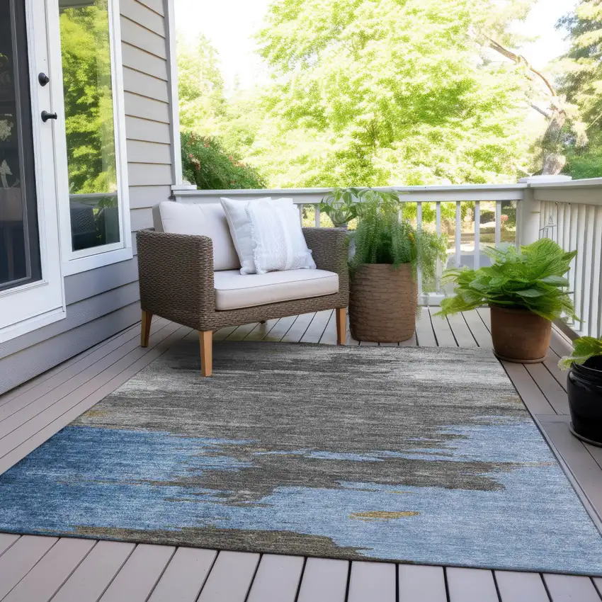 Denim Blue And Gray Abstract Washable Indoor Outdoor Area Rug Photo 9