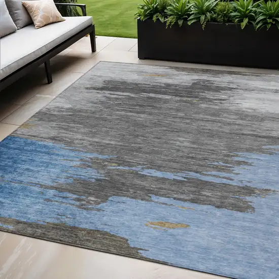 Denim Blue And Gray Abstract Washable Indoor Outdoor Area Rug Photo 2
