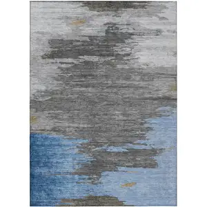 Photo of Denim Blue And Gray Abstract Washable Indoor Outdoor Area Rug