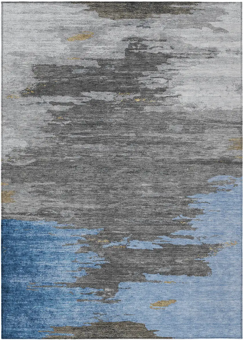 Denim Blue And Gray Abstract Washable Indoor Outdoor Area Rug Photo 1