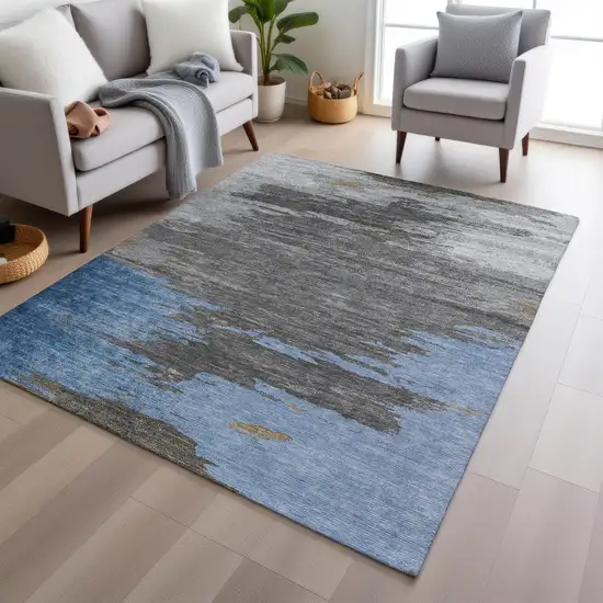 Denim Blue And Gray Abstract Washable Indoor Outdoor Area Rug Photo 6