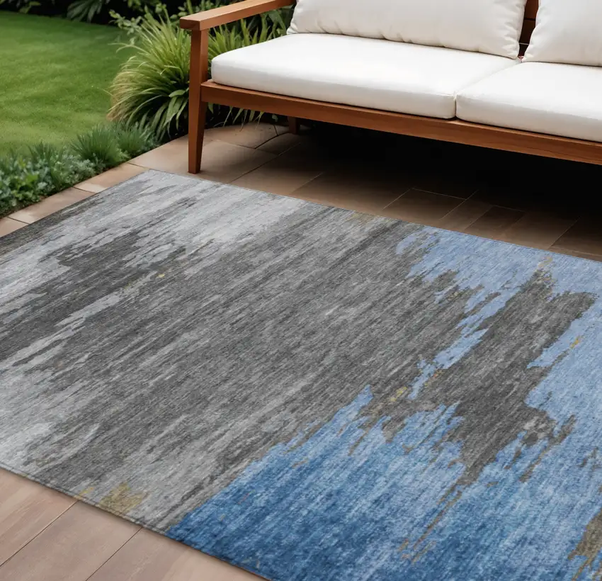 Denim Blue And Gray Abstract Washable Indoor Outdoor Area Rug Photo 2