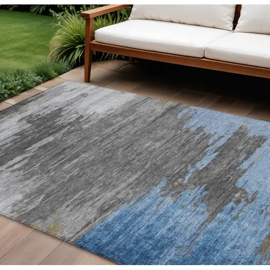 Denim Blue And Gray Abstract Washable Indoor Outdoor Area Rug Photo 2