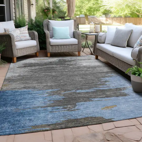 Denim Blue And Gray Abstract Washable Indoor Outdoor Area Rug Photo 5