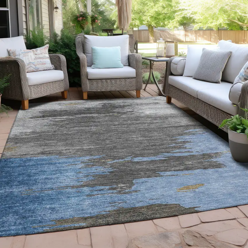 Denim Blue And Gray Abstract Washable Indoor Outdoor Area Rug Photo 5