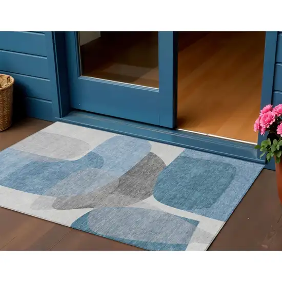 Denim Blue And Gray Abstract Washable Indoor Outdoor Area Rug Photo 1