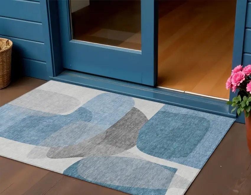 Denim Blue And Gray Abstract Washable Indoor Outdoor Area Rug Photo 1