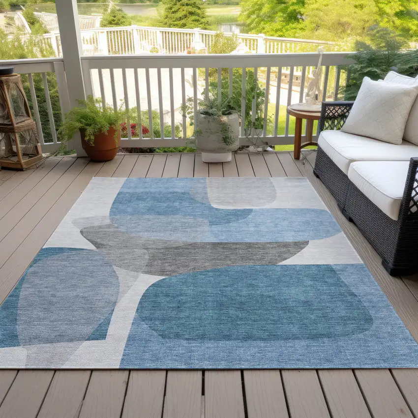 Denim Blue And Gray Abstract Washable Indoor Outdoor Area Rug Photo 7