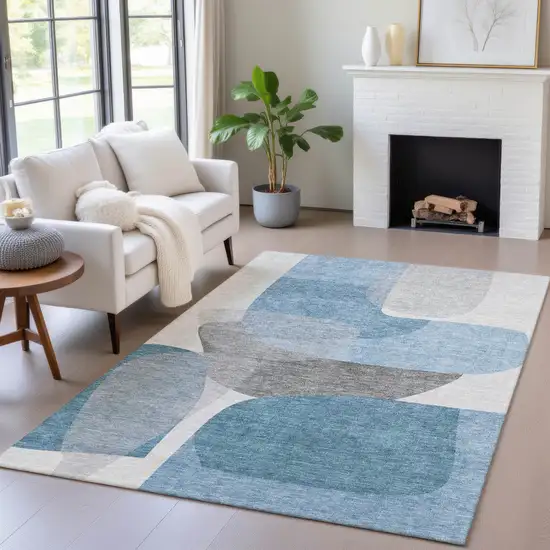 Denim Blue And Gray Abstract Washable Indoor Outdoor Area Rug Photo 5