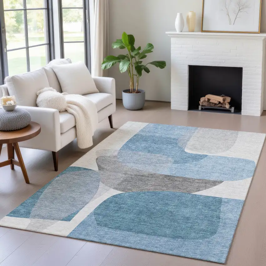 Denim Blue And Gray Abstract Washable Indoor Outdoor Area Rug Photo 5