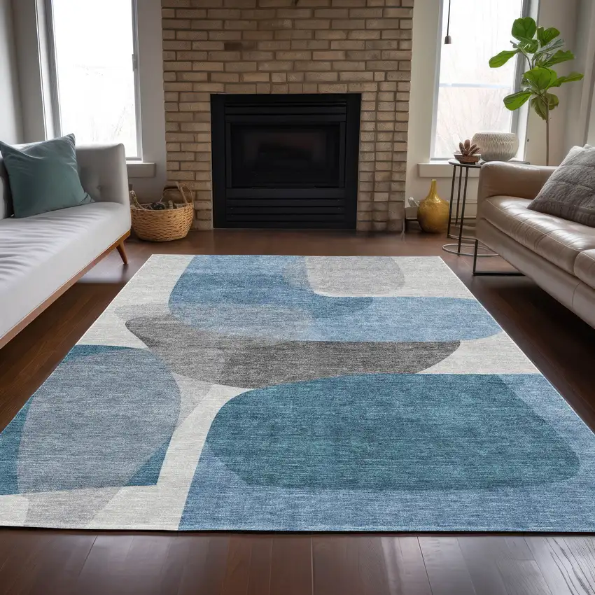 Denim Blue And Gray Abstract Washable Indoor Outdoor Area Rug Photo 6