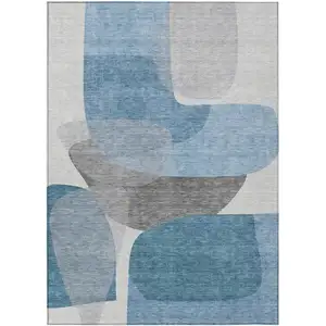 Photo of Denim Blue And Gray Abstract Washable Indoor Outdoor Area Rug