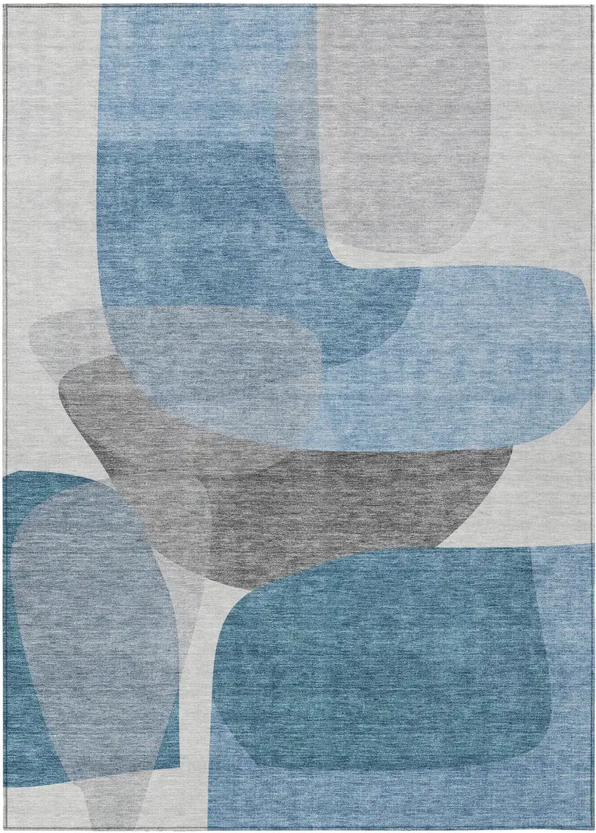 Denim Blue And Gray Abstract Washable Indoor Outdoor Area Rug Photo 1
