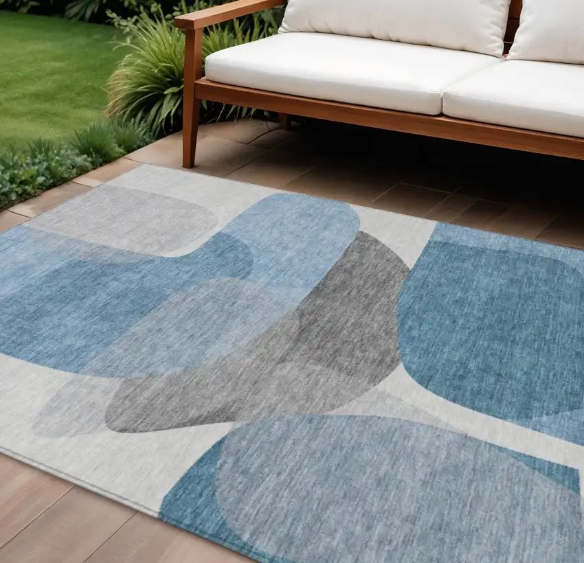 Denim Blue And Gray Abstract Washable Indoor Outdoor Area Rug Photo 2