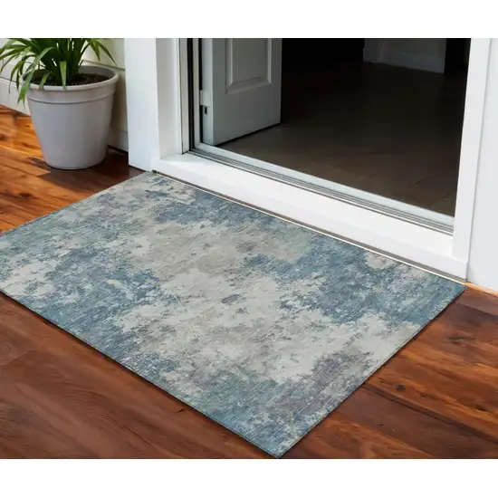 Denim Blue And Gray Abstract Washable Indoor Outdoor Area Rug Photo 1
