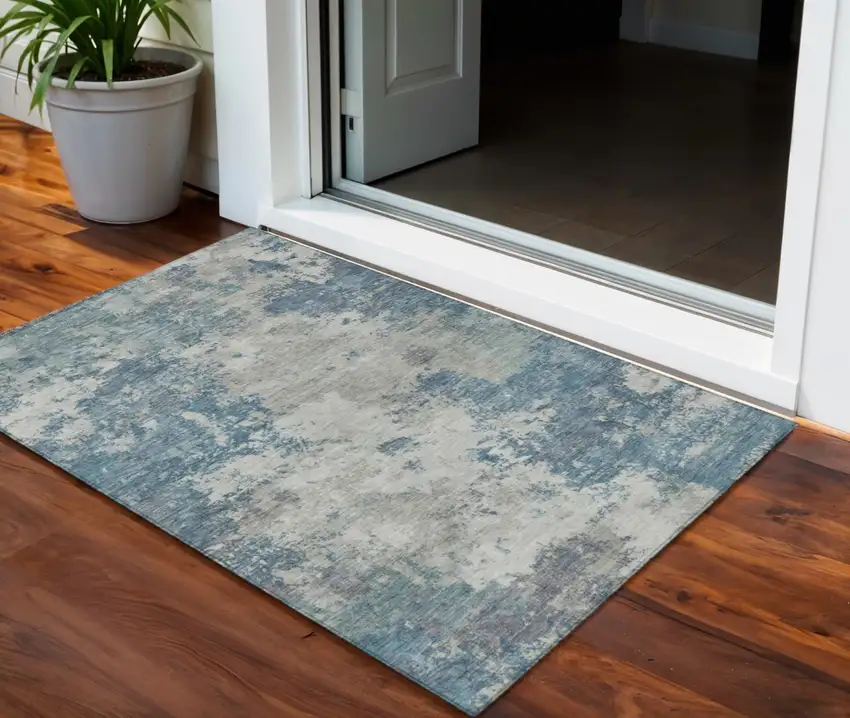 Denim Blue And Gray Abstract Washable Indoor Outdoor Area Rug Photo 1