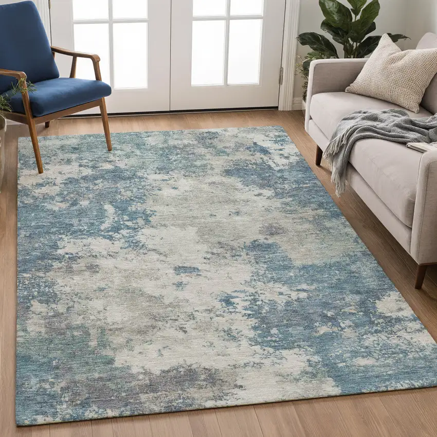 Denim Blue And Gray Abstract Washable Indoor Outdoor Area Rug Photo 4