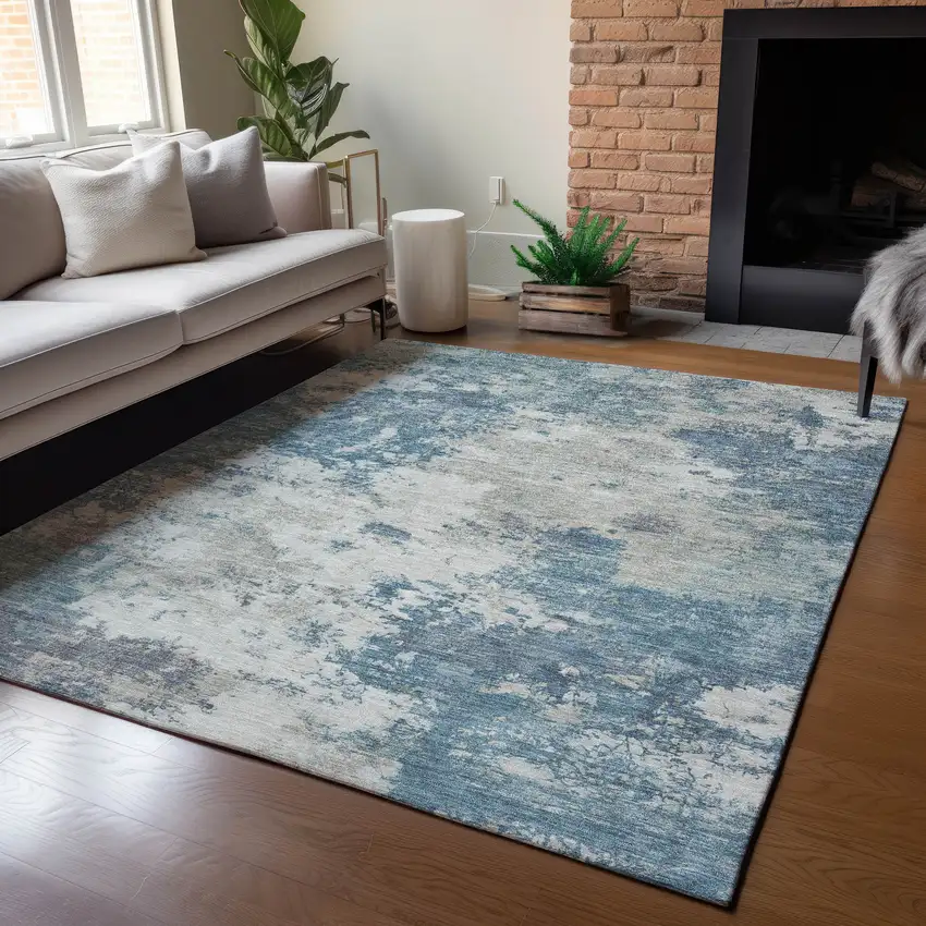 Denim Blue And Gray Abstract Washable Indoor Outdoor Area Rug Photo 5