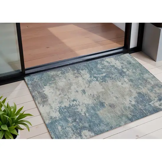 Denim Blue And Gray Abstract Washable Indoor Outdoor Area Rug Photo 1