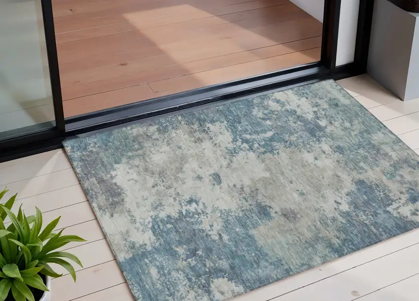 Denim Blue And Gray Abstract Washable Indoor Outdoor Area Rug Photo 1