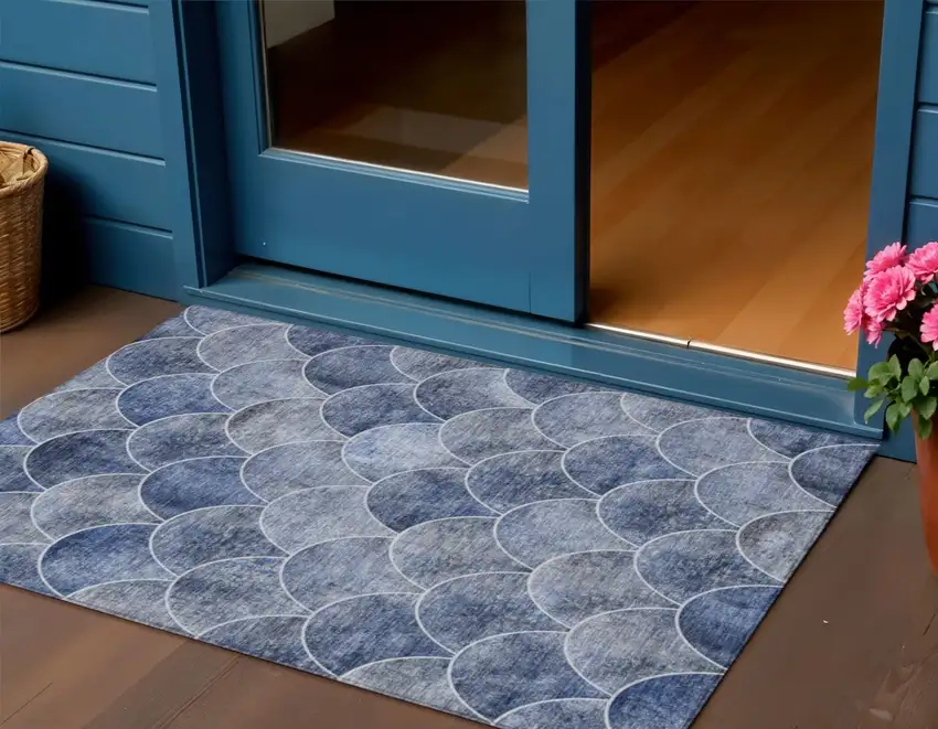 Denim Blue And Gray Abstract Washable Indoor Outdoor Area Rug Photo 1