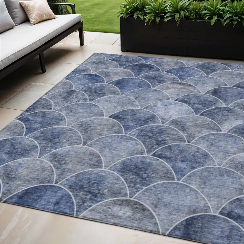 Denim Blue And Gray Abstract Washable Indoor Outdoor Area Rug Photo 1