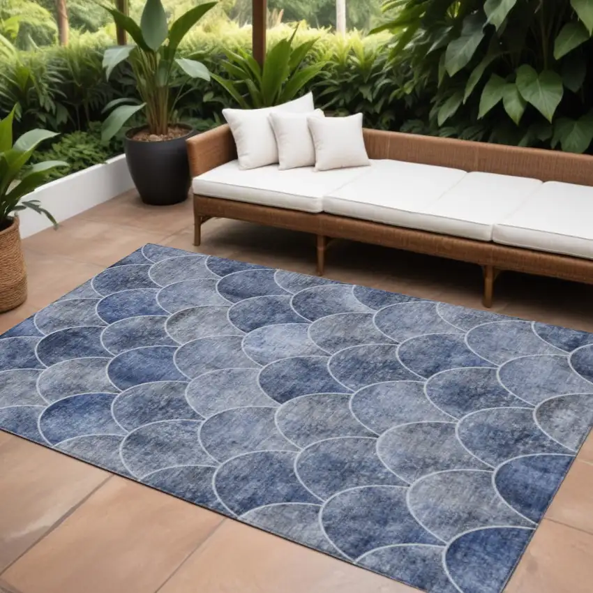 Denim Blue And Gray Abstract Washable Indoor Outdoor Area Rug Photo 1