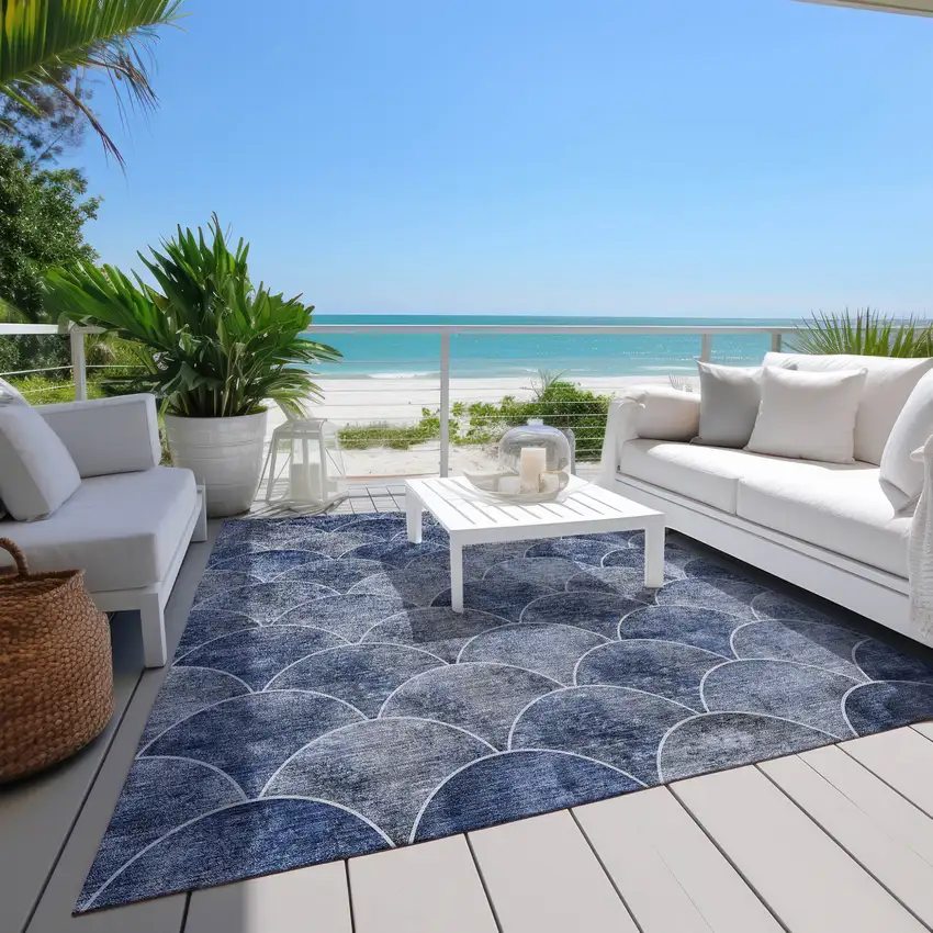 Denim Blue And Gray Abstract Washable Indoor Outdoor Area Rug Photo 8