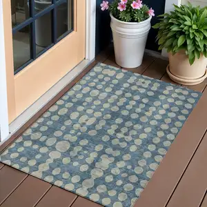 Photo of Denim Blue And Gray Abstract Washable Indoor Outdoor Area Rug