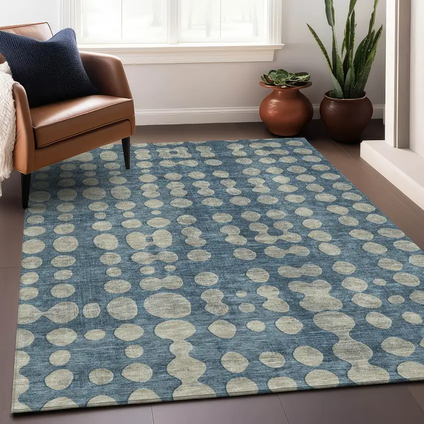 Denim Blue And Gray Abstract Washable Indoor Outdoor Area Rug Photo 9