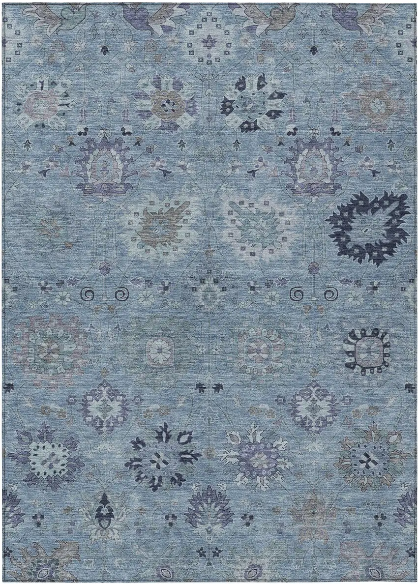 Denim Blue And Gray Damask Washable Indoor Outdoor Area Rug Photo 2