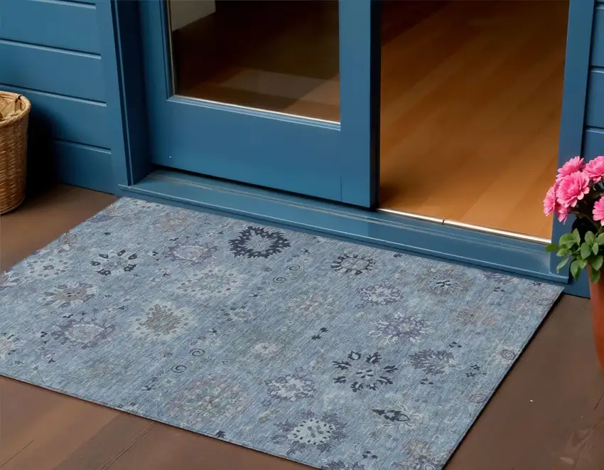 Denim Blue And Gray Damask Washable Indoor Outdoor Area Rug Photo 1