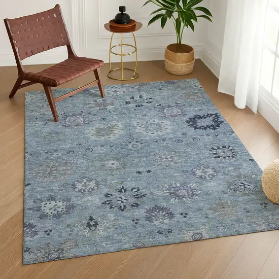 Denim Blue And Gray Damask Washable Indoor Outdoor Area Rug Photo 9