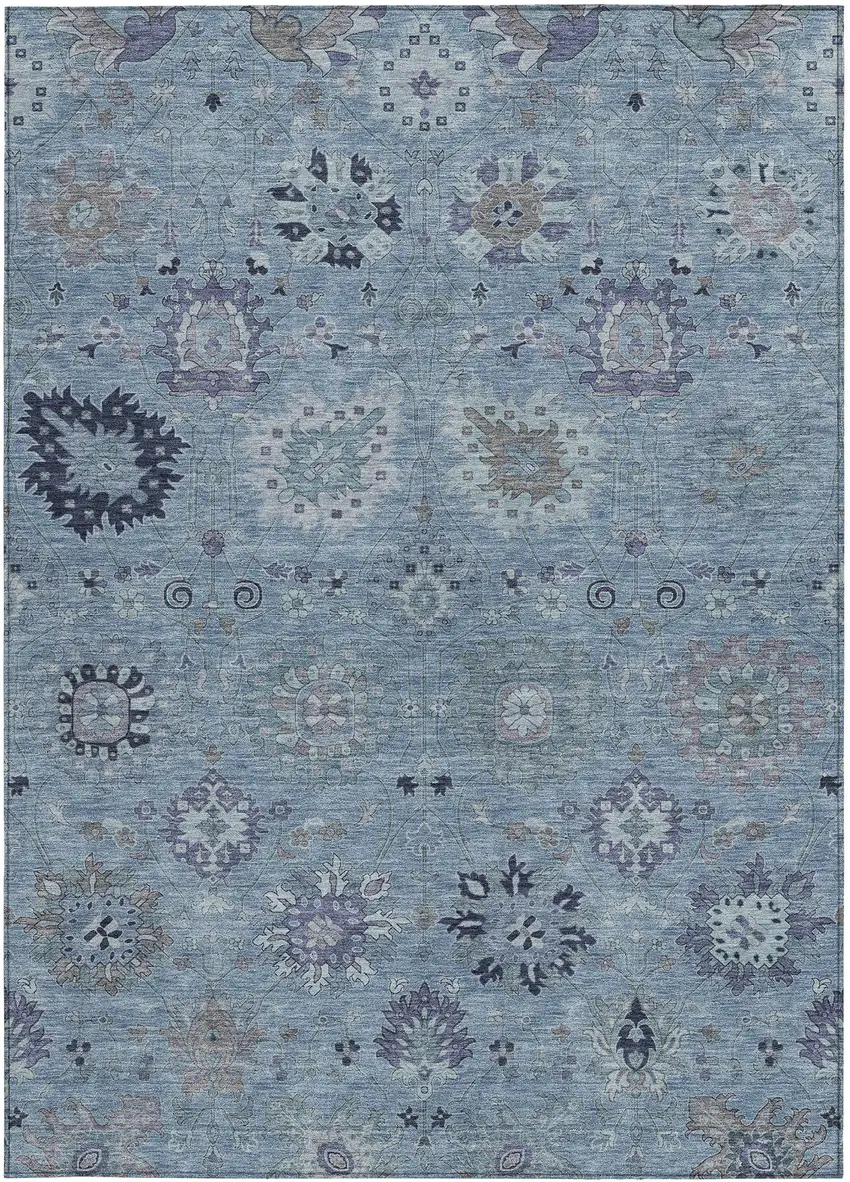 Denim Blue And Gray Damask Washable Indoor Outdoor Area Rug Photo 4