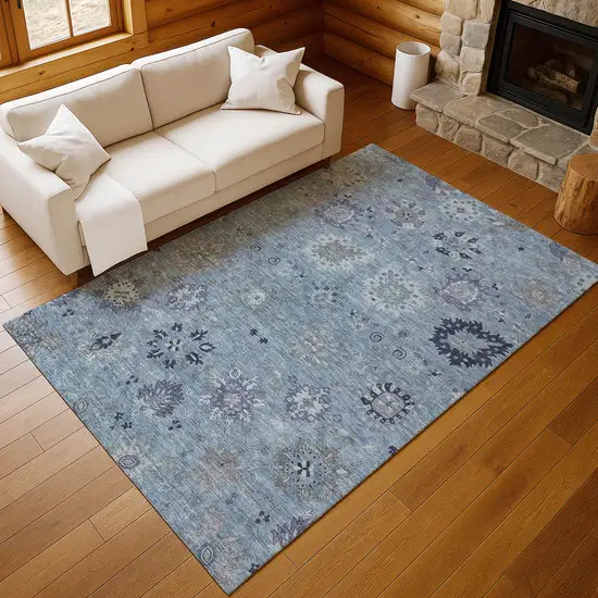 Denim Blue And Gray Damask Washable Indoor Outdoor Area Rug Photo 9