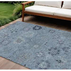 Photo of Denim Blue And Gray Damask Washable Indoor Outdoor Area Rug
