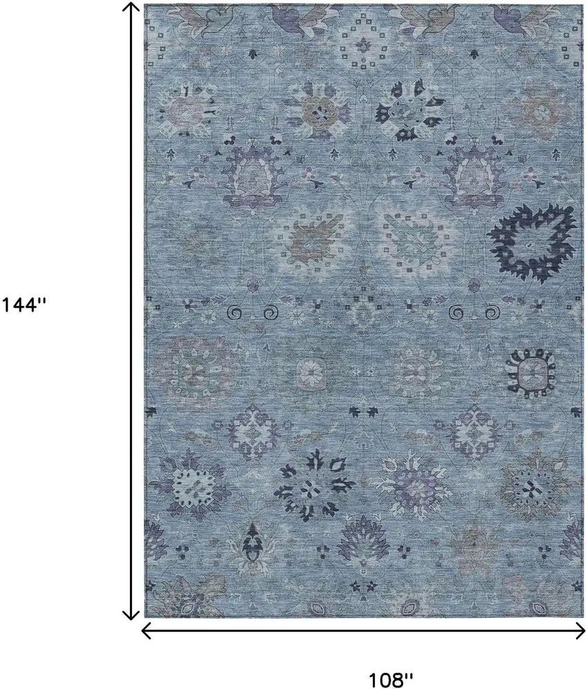 Denim Blue And Gray Damask Washable Indoor Outdoor Area Rug Photo 3