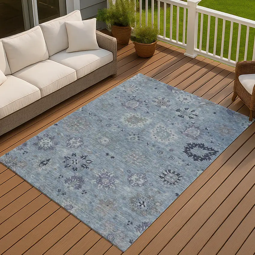 Denim Blue And Gray Damask Washable Indoor Outdoor Area Rug Photo 7