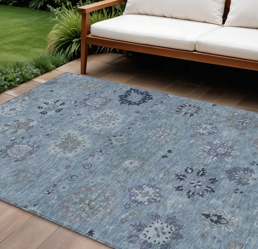 Denim Blue And Gray Damask Washable Indoor Outdoor Area Rug Photo 1