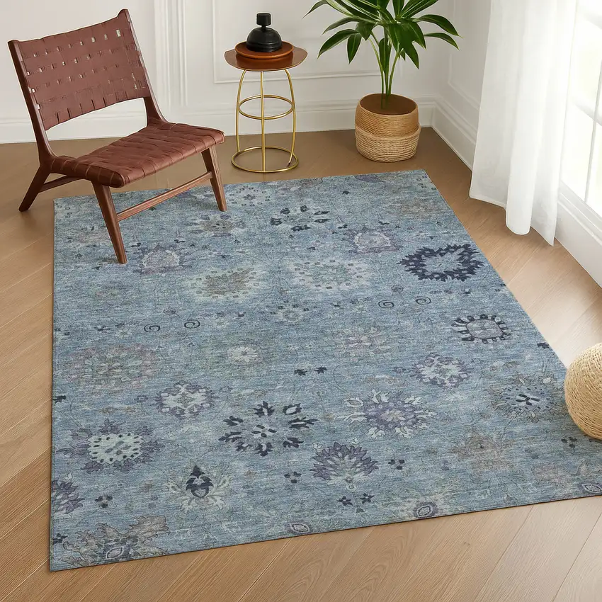 Denim Blue And Gray Damask Washable Indoor Outdoor Area Rug Photo 9