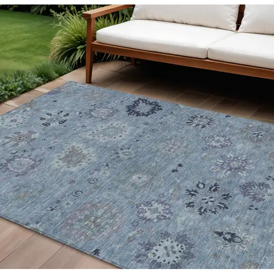 Denim Blue And Gray Damask Washable Indoor Outdoor Area Rug Photo 1