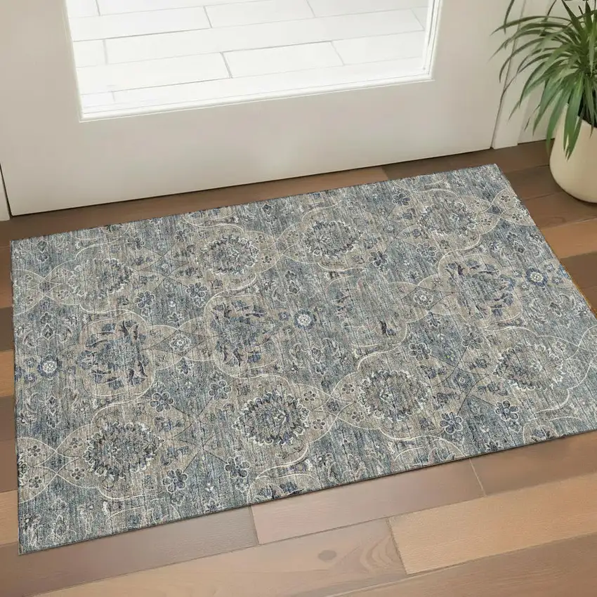 Denim Blue And Gray Floral Medallion Washable Area Rug With UV Protection Photo 1