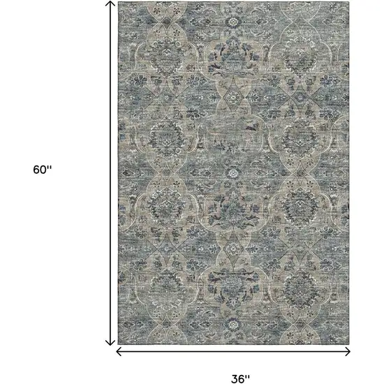 Denim Blue And Gray Floral Medallion Washable Area Rug With UV Protection Photo 3